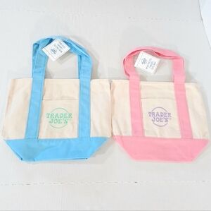 Trader Joe's Mini Pastel Canvas Tote Bags Blue & Pink Set of 2